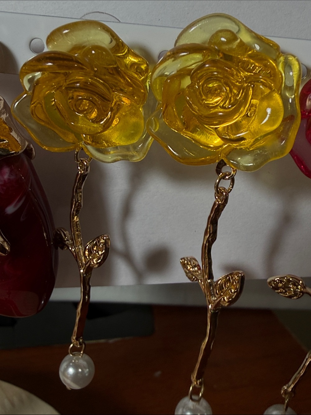 Yellow Rose Drop Earrings with Gold Stems